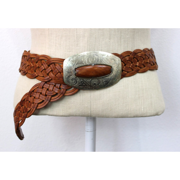 Morocco Braided Brown Belt M/L Chico's Leather Boho Silver Metal Buckle Vintage - Picture 1 of 12